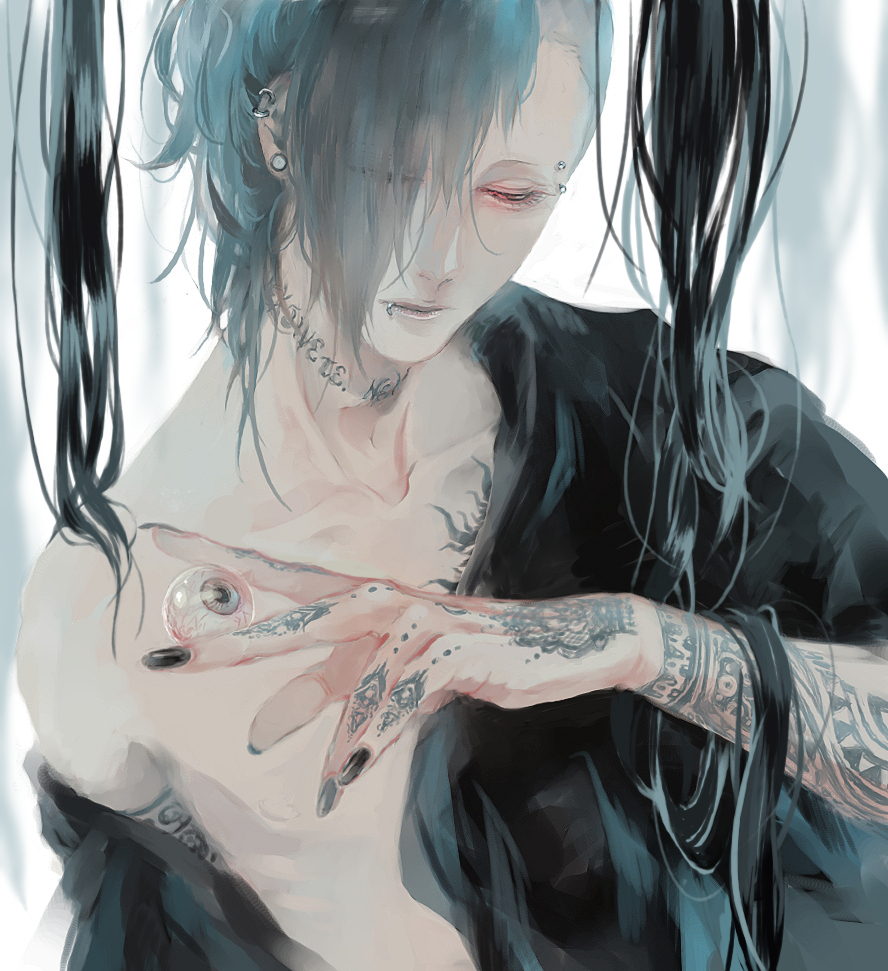 1boy androgynous arm_tattoo bangs black_hair black_nails black_shirt closed_eyes closed_mouth collarbone commentary_request ear_piercing earrings eye_piercing hand_tattoo hand_up holding_eye holding_organ jewelry koujima_shikasa male_focus medium_hair nail_polish neck_tattoo piercing shirt single_bare_shoulder solo tattoo tokyo_ghoul upper_body uta_(tokyo_ghoul)