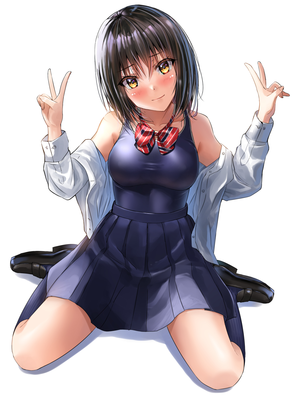 1girl bangs bare_shoulders black_hair blue_legwear blue_skirt blue_swimsuit blush bow bowtie breasts brown_eyes double_v dress_shirt hands_up head_tilt high-waist_skirt highres kneehighs light_smile loafers looking_at_viewer medium_breasts off_shoulder one-piece_swimsuit open_clothes open_shirt original pleated_skirt red_neckwear ribbed_legwear school_swimsuit school_uniform shirt shoes simple_background sitting skirt solo spread_legs striped striped_neckwear swimsuit swimsuit_under_clothes taut_clothes taut_swimsuit v wariza white_shirt yukemuriganmo