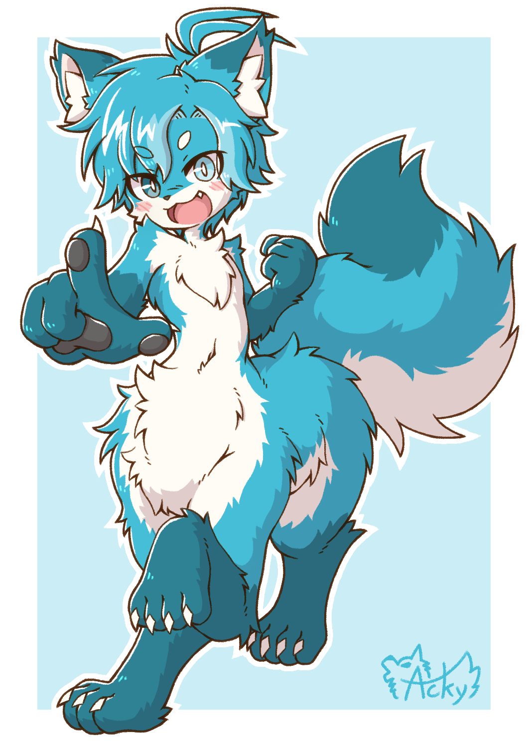 1boy :d acky ahoge animal_ear_fluff animal_ears animal_hands bangs blue_background blue_eyes blue_fur blue_hair blush centauroid claws clenched_hand commentary eyebrows_visible_through_hair fang fictional_persona fox_boy fox_ears fox_tail full_body furry furry_male hair_between_eyes heterochromia highres looking_at_viewer male_focus navel open_mouth original outline parted_bangs pointing pointing_at_viewer short_hair signature slit_pupils smile snout solo standing_on_three_legs tail taur thick_eyebrows white_fur