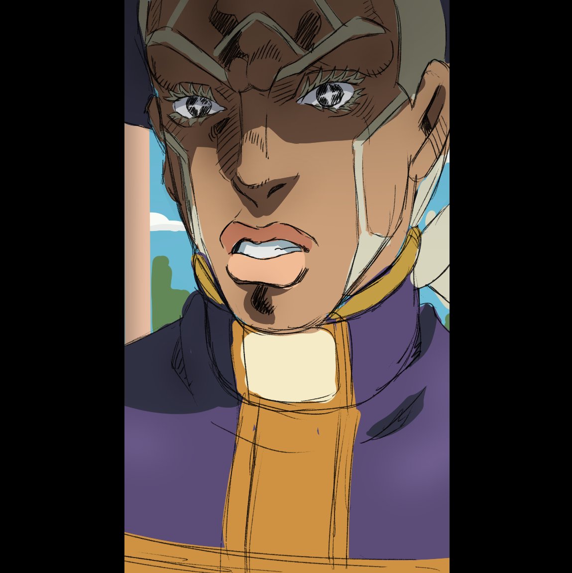 +_+ 1boy beard black_eyes bright_pupils dark-skinned_male dark_skin day enrico_pucci facial_hair grandguerrilla jacket jojo_no_kimyou_na_bouken looking_at_viewer male_focus outdoors parted_lips pillarboxed purple_headwear purple_jacket solo stone_ocean upper_body white_hair white_pupils william_knight