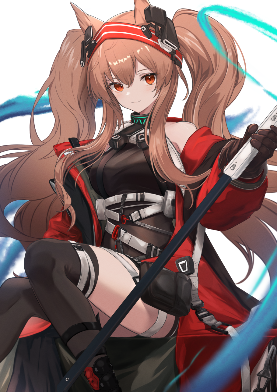 1girl angelina_(arknights) angelina_(distinguished_visitor)_(arknights) animal_ears arknights bangs bare_shoulders belt black_gloves black_legwear breasts brown_hair feet_out_of_frame fox_ears gloves hairband highres infection_monitor_(arknights) jacket long_hair nokke_o off_shoulder official_alternate_costume open_clothes open_jacket red_eyes red_hairband solo thigh-highs thigh_pouch thigh_strap twintails