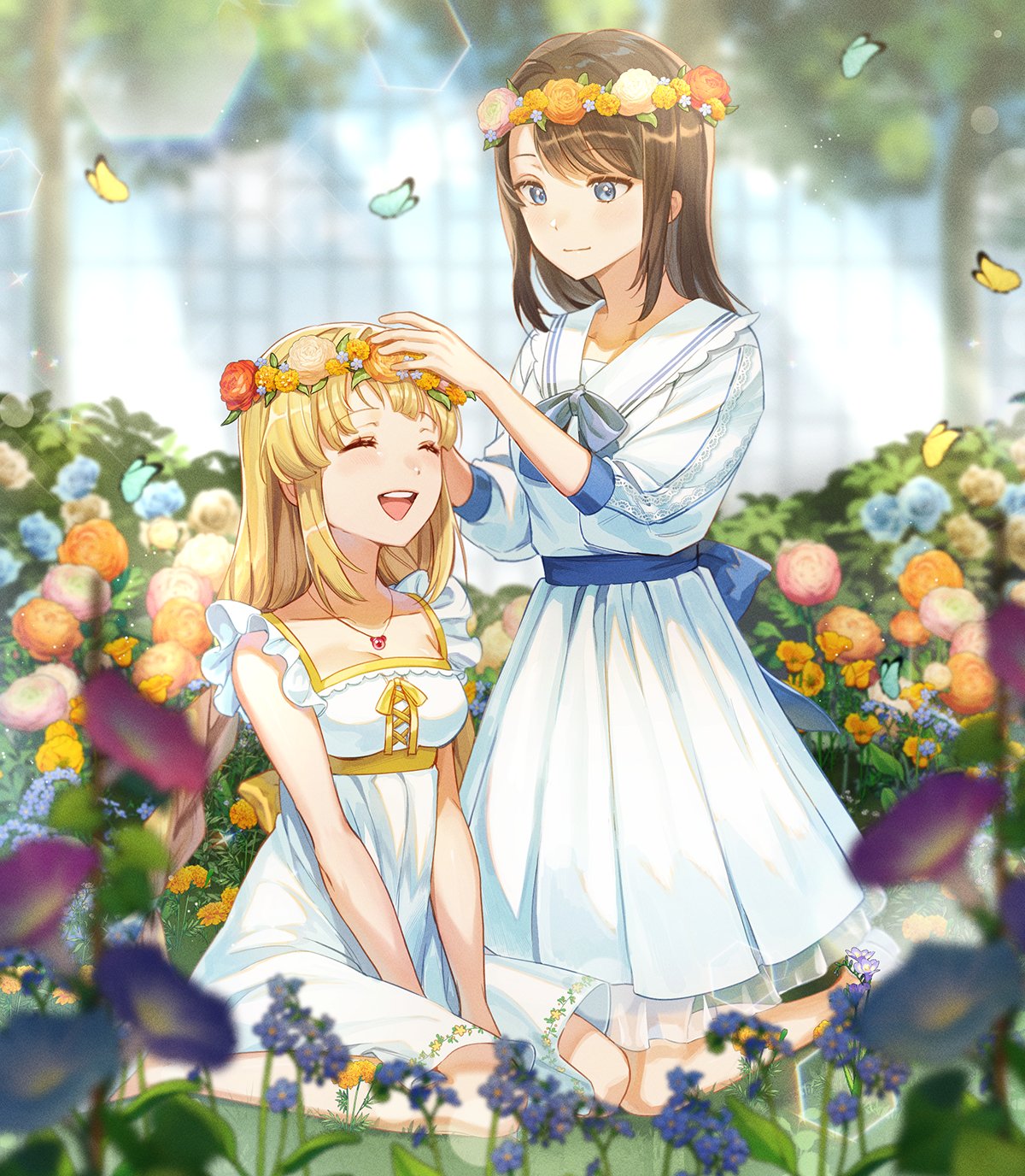 2girls :d back_bow bang_dream! bangs bare_arms between_legs blonde_hair blue_bow blue_butterfly blue_flower blue_neckwear blurry blurry_background blurry_foreground bow bowtie braid breasts brown_hair bug butterfly closed_eyes closed_mouth collarbone commentary commission cross-laced_clothes day dress eyebrows_visible_through_hair floral_print flower flower_wreath frilled_dress frilled_sleeves frills full_body grass greenhouse hand_between_legs hand_on_another's_head hands_up head_wreath highres indoors jewelry kneeling light_blush light_particles light_smile long_hair looking_at_another low_twin_braids low_twintails medium_breasts medium_hair multiple_girls necklace okusawa_misaki on_ground open_mouth orange_flower pendant pink_flower pleated_dress print_dress purple_flower sailor_collar sailor_dress see-through shiny shiny_hair shoes short_sleeves sidelocks sitting sleeves_past_elbows smile sunlight swept_bangs tiny_(tini3030) tree tsurumaki_kokoro twin_braids twintails upper_teeth v_arms very_long_hair wariza white_dress white_flower white_footwear white_sailor_collar yellow_butterfly yellow_flower