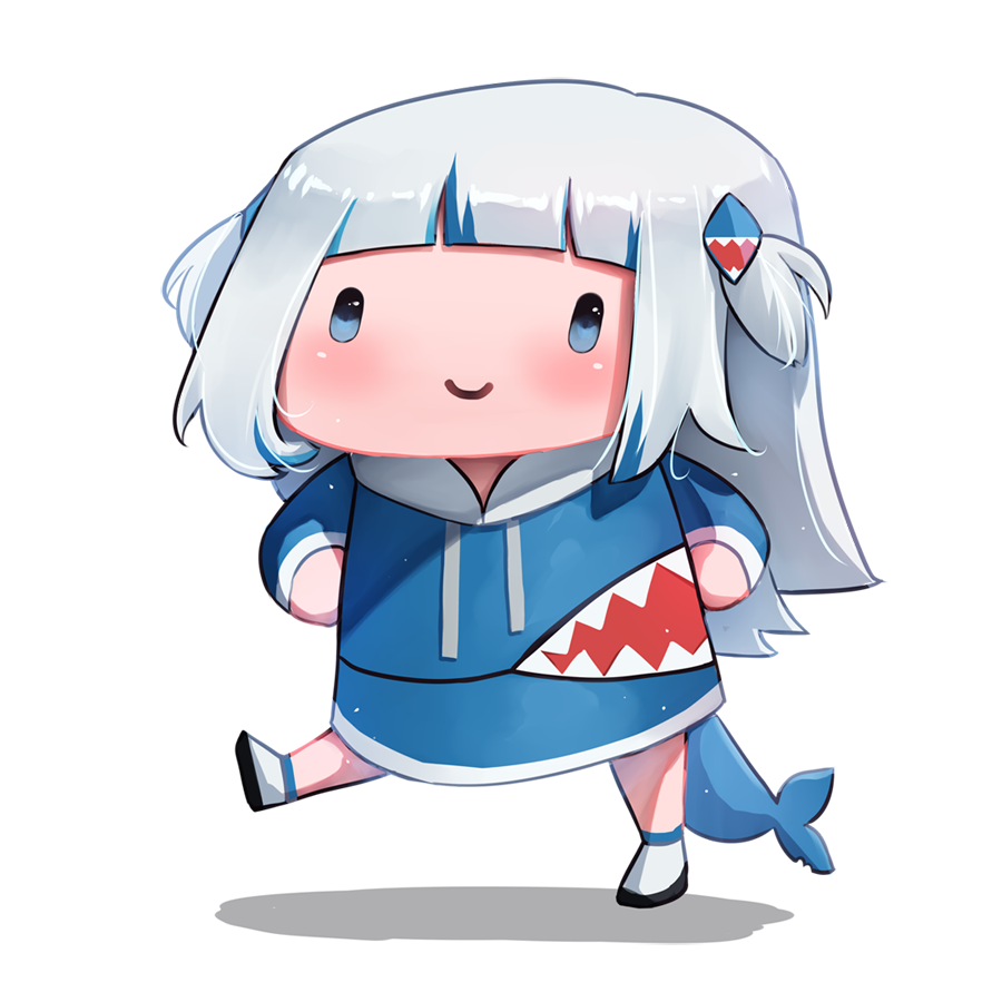 1girl animal_costume animal_hood bangs blue_eyes blue_hoodie blunt_bangs c: chibi commentary english_commentary fian_f.n fish_tail full_body gawr_gura hair_ornament hands_on_hips hololive hololive_english hood hoodie long_sleeves medium_hair multicolored_hair shark_costume shark_girl shark_hair_ornament shark_hood shark_tail sidelocks silver_hair skirt skirt_set smile solo standing standing_on_one_leg streaked_hair tail transparent_background two_side_up virtual_youtuber white_footwear