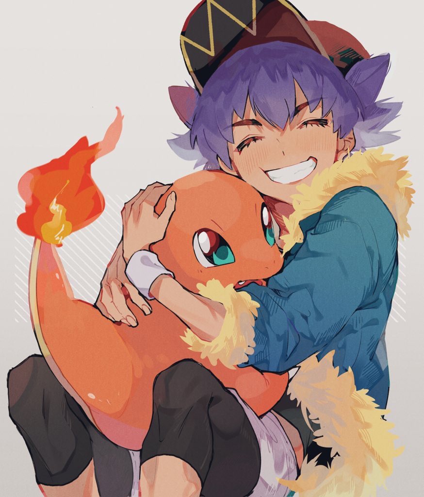 1boy bangs baseball_cap black_legwear black_shirt blue_jacket blush charmander closed_eyes commentary_request eyebrows_visible_through_hair eyelashes fire flame fur-trimmed_jacket fur_trim green_eyes grin hat jacket leggings leon_(pokemon) male_focus pokemon pokemon_(creature) pokemon_(game) pokemon_swsh red_headwear shirt shorts siomeronpan17 sleeves_past_elbows smile teeth white_shorts wristband younger