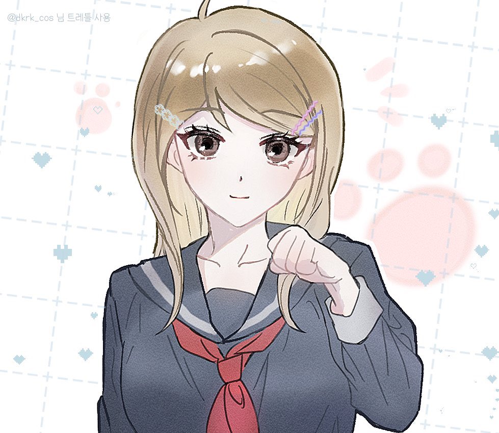 1girl ahoge akamatsu_kaede bangs black_sailor_collar black_shirt blonde_hair breasts brown_eyes clenched_hand danganronpa_(series) danganronpa_v3:_killing_harmony eyebrows_visible_through_hair hair_ornament hairclip hand_up hui_(ospxls) long_hair long_sleeves looking_at_viewer medium_breasts neckerchief official_alternate_costume red_neckwear sailor_collar school_uniform serafuku shiny shiny_hair shirt smile solo translation_request upper_body white_background