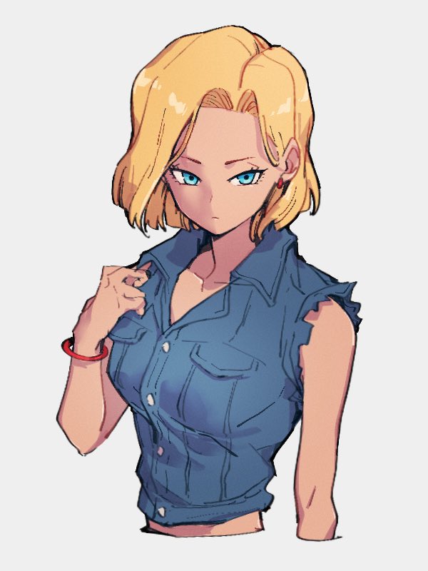 1girl android_18 blonde_hair blue_eyes blue_shirt bracelet collarbone denim_shirt dragon_ball dragon_ball_z earrings grey_background jewelry kemachiku looking_at_viewer shirt short_hair simple_background sleeveless sleeveless_shirt solo