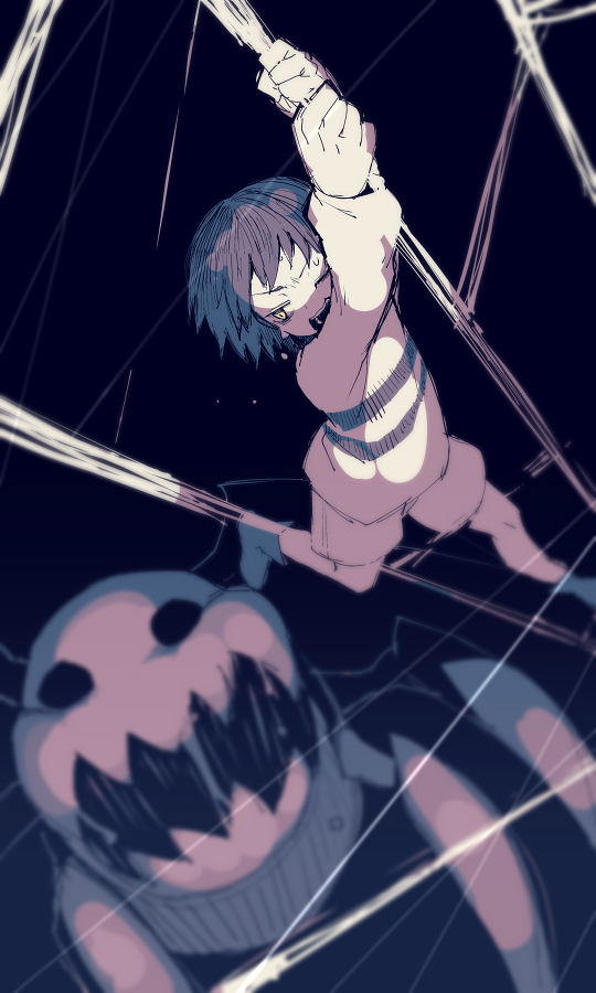 1girl animal black_background black_hair boots bug frisk_(undertale) full_body giant_spider greyscale hair_between_eyes jumping long_sleeves looking_at_another looking_back monochrome monster one_eye_closed open_mouth oshiruko_(tsume) oversized_animal shirt short_hair shorts simple_background spider string striped striped_shirt undertale