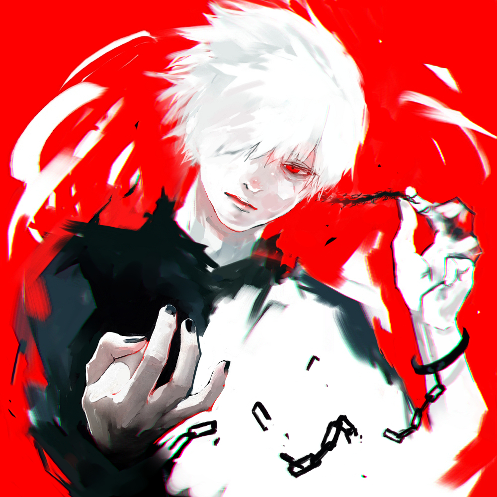 1boy bangs black_nails black_shirt bug centipede chain closed_mouth commentary_request hair_over_one_eye hand_up kaneki_ken koujima_shikasa long_sleeves looking_at_viewer male_focus nail_polish pale_skin pulling red_background red_eyes shirt simple_background solo tokyo_ghoul upper_body white_hair