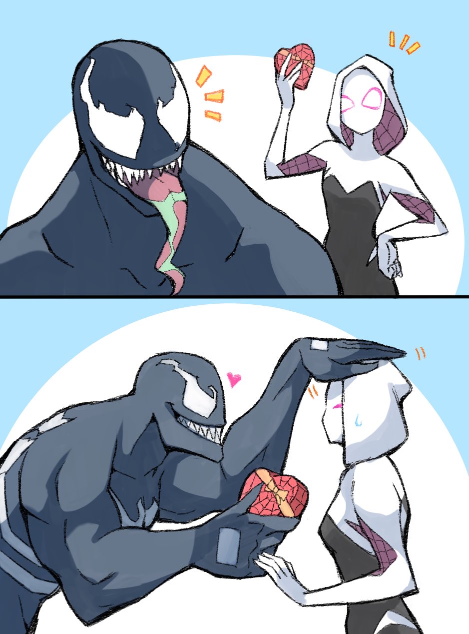 1boy 1girl bodysuit breasts chocolate crossover gwen_stacy highres hood long_tongue marvel mask medium_breasts muscular sharp_teeth silk simple_background skin_tight smile spider-gwen spider-man_(series) spider_web spider_web_print superhero sushi_pizza_rrr symbiote teeth tongue tongue_out venom_(marvel)