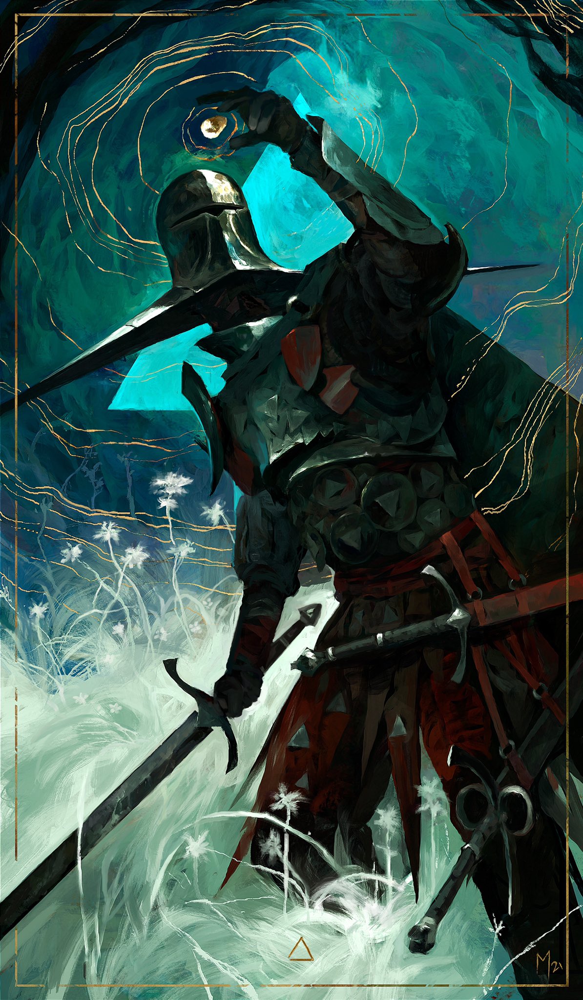 1other ambiguous_gender arm_up armor black_gloves cape commentary dominik_mayer english_commentary fantasy flower gloves helm helmet highres holding holding_sword holding_weapon multicolored multicolored_background original sheath sheathed signature sword weapon white_flower