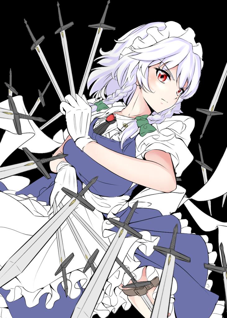 1girl apron between_fingers black_background blush boots breasts collared_shirt commentary_request dress eyebrows_visible_through_hair frilled_dress frills gloves green_ribbon hair_between_eyes hair_ribbon holding holding_knife holster izayoi_sakuya knife knife_holster knives_between_fingers looking_to_the_side maid maid_apron maid_headdress medium_breasts puffy_short_sleeves puffy_sleeves red_eyes ribbon shirt short_hair short_sleeves silver_hair simple_background solo takinohamira thigh_holster touhou tress_ribbon twintails white_gloves