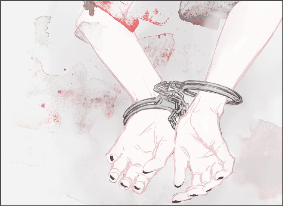 1boy black_nails border bound bound_wrists chain commentary cuffed cuffs grey_background grey_border handcuffs hands kaneki_ken koujima_shikasa male_focus nail_polish out_of_frame red_background solo symbol-only_commentary tokyo_ghoul
