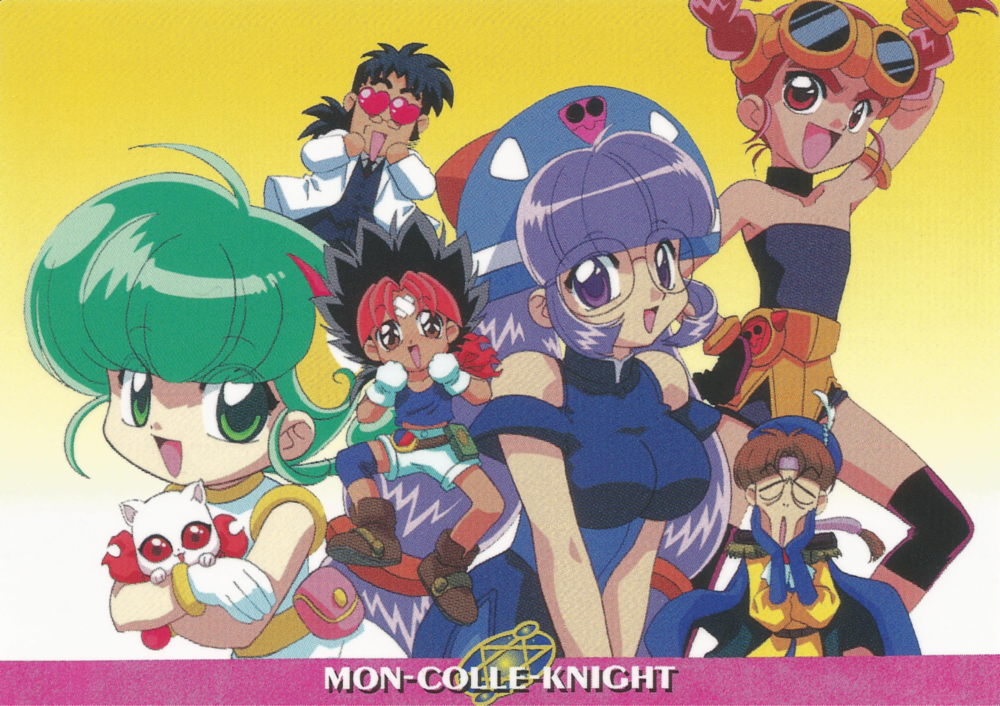 1990s_(style) 3boys 3girls animal_hug arm_behind_head arm_up bandaid bandaid_on_forehead bangs batch_(rokumon_tengai_mon_colle_knight) black_gloves black_hair blue_gloves blunt_bangs braid brown_hair choker closed_eyes copyright_name eyebrows_visible_through_hair gloves gluko goggles goggles_on_head gradient gradient_background green_eyes green_hair hair_ornament headdress hiiragi_rokuna labcoat long_hair ludwig_von_monsterstein_eccentro multicolored_hair multiple_boys multiple_girls official_art ooya_mondo open_mouth purple_hair red_eyes retro_artstyle rimless_eyewear rokumon_tengai_mon_colle_knight round_eyewear scan short_hair shorts spiky_hair strapless_camisole twin_braids two-tone_hair v_arms violet_eyes white_gloves yellow_background