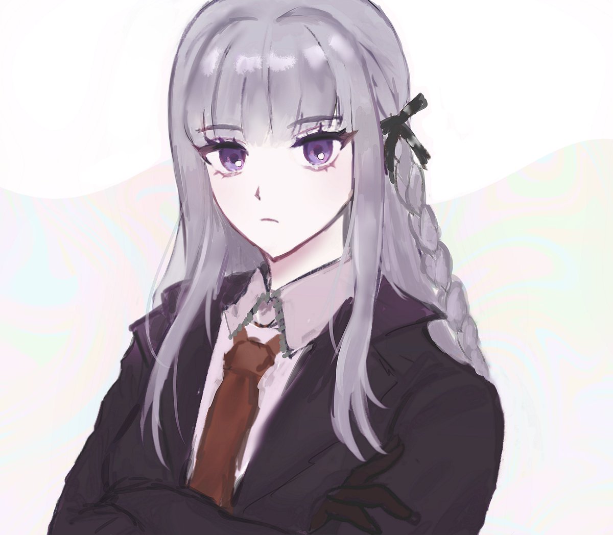 1girl bangs black_gloves black_jacket black_ribbon blunt_bangs braid collared_shirt crossed_arms danganronpa:_trigger_happy_havoc danganronpa_(series) eyebrows_visible_through_hair frown gloves grey_background grey_shirt hair_intakes hair_ribbon hui_(ospxls) jacket kirigiri_kyouko long_hair looking_at_viewer necktie purple_hair ribbon shiny shiny_hair shirt solo two-tone_background upper_body violet_eyes white_background