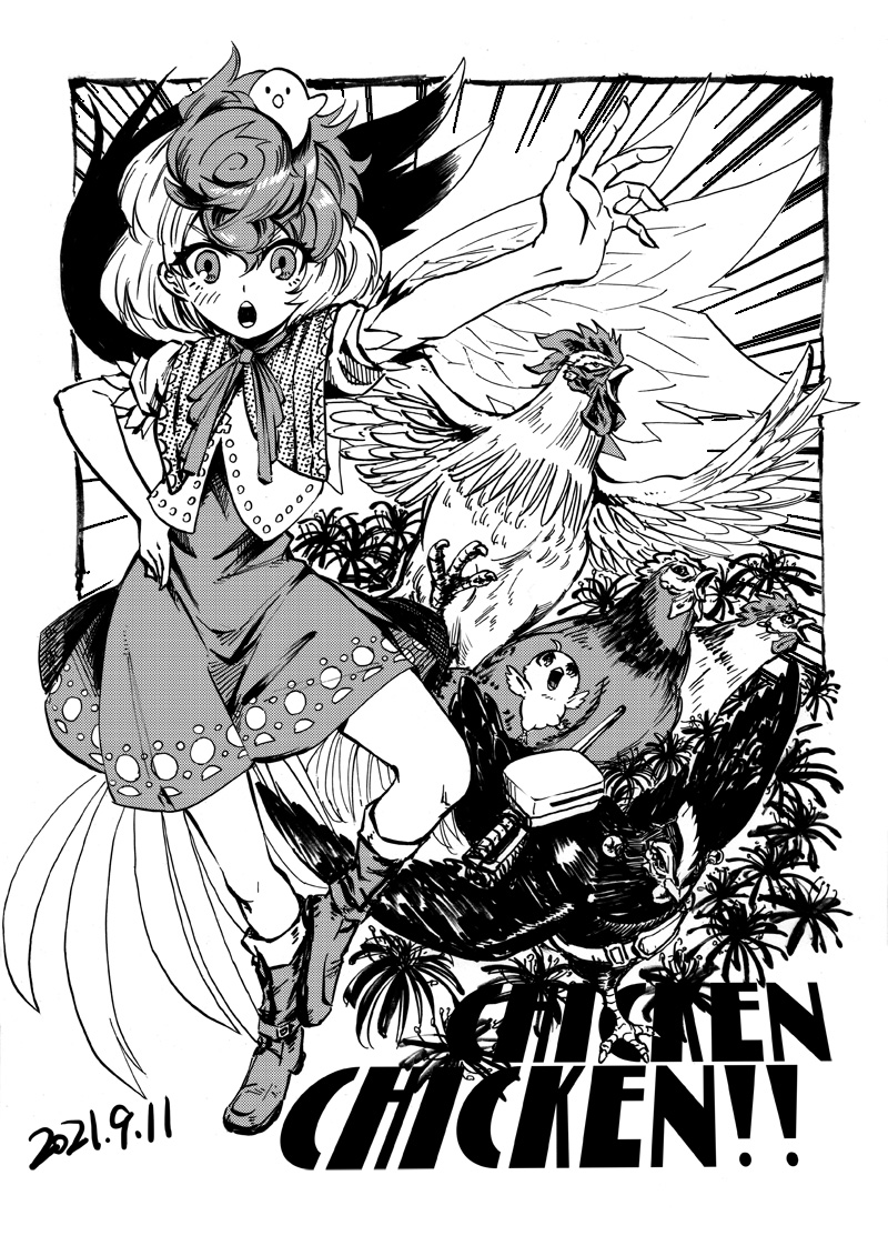 1girl animal_on_head bird bird_on_head boots chick chicken chinese_commentary commentary dated dress emphasis_lines english_text flower full_body greyscale hand_on_hip heran_hei_mao looking_at_viewer medium_hair monochrome multicolored_hair niwatari_kutaka on_head open_mouth outstretched_arms shirt short_sleeves solo spider_lily tail_feathers touhou two-tone_hair wings