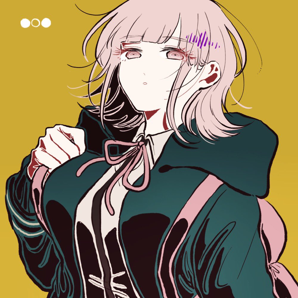 1girl :o backpack bag bangs black_shirt blunt_bangs breasts brown_background collared_shirt danganronpa_(series) danganronpa_2:_goodbye_despair eyebrows_visible_through_hair flipped_hair green_jacket hair_ornament hand_up hood hooded_jacket jacket kiri_(2htkz) large_breasts long_sleeves medium_hair nanami_chiaki neck_ribbon no_hair_ornament pink_ribbon ribbon shirt solo two-tone_shirt upper_body