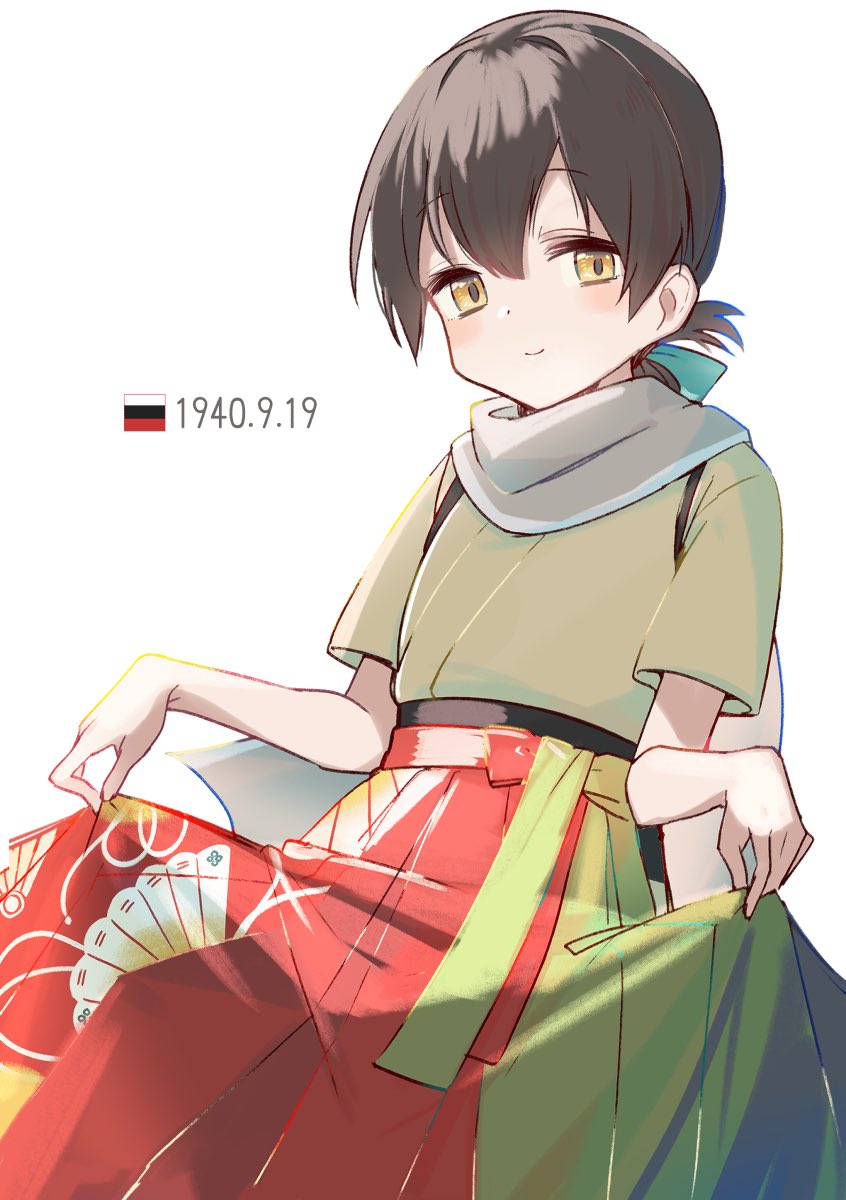 1girl bangs black_hair blue_ribbon brown_eyes dated folded_ponytail hair_ribbon hakama_hold highres kantai_collection kasuga_maru_(kancolle) long_hair multicolored multicolored_clothes remodel_(kantai_collection) ribbon scarf simple_background solo swept_bangs taiyou_(kancolle) white_background white_scarf yamashichi_(mtseven)