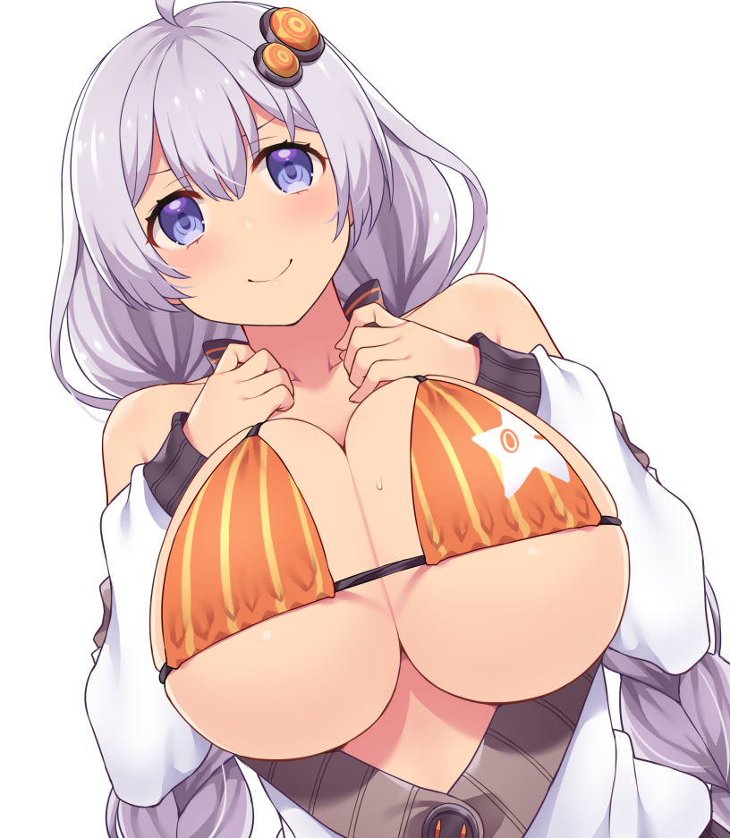 1girl ahoge amane_hasuhito bangs bikini blue_eyes braid breast_squeeze breasts closed_mouth commentary_request grey_background hair_between_eyes hair_ornament hands_on_own_chest huge_breasts jacket kizuna_akari large_breasts long_hair long_sleeves looking_at_viewer off_shoulder open_clothes open_jacket orange_bikini silver_hair simple_background smile solo swimsuit twin_braids upper_body voiceroid white_jacket