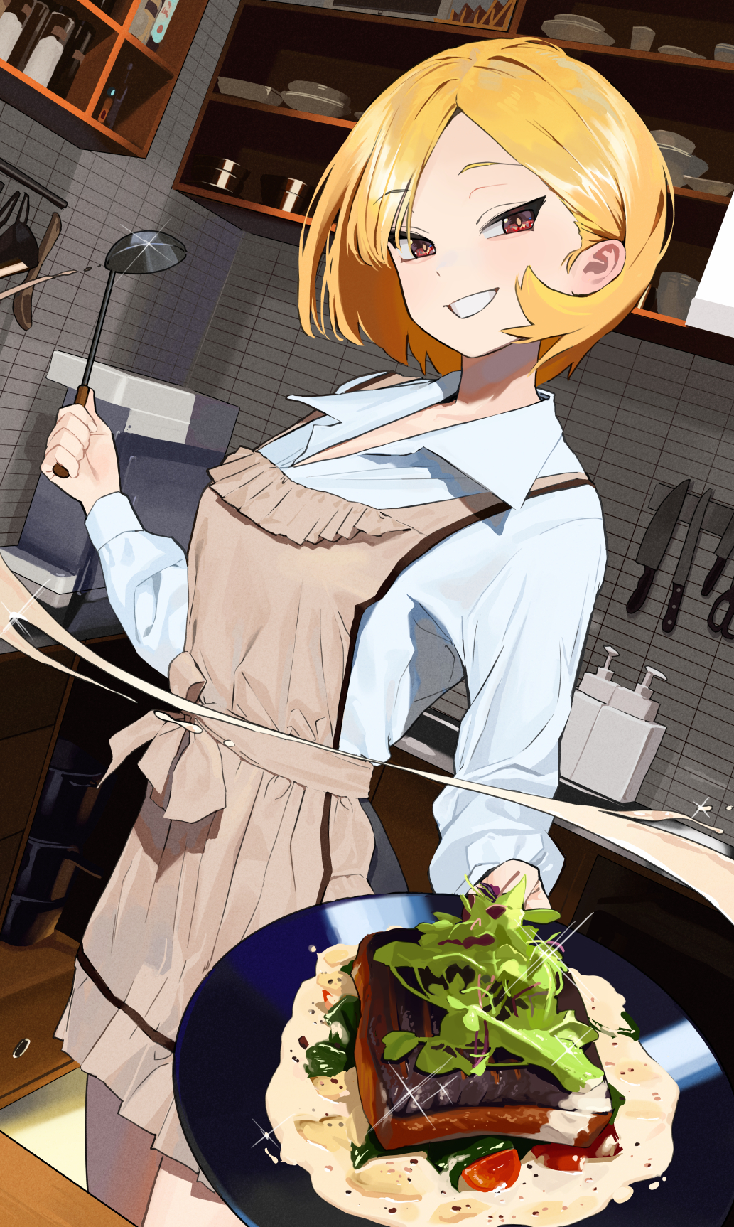 1girl apron blonde_hair blue_shirt brown_apron brown_eyes collared_shirt food highres holding holding_ladder indoors kitchen long_sleeves looking_at_viewer original parted_bangs sekoshi_(some1else45) shirt short_hair smile solo some1else45