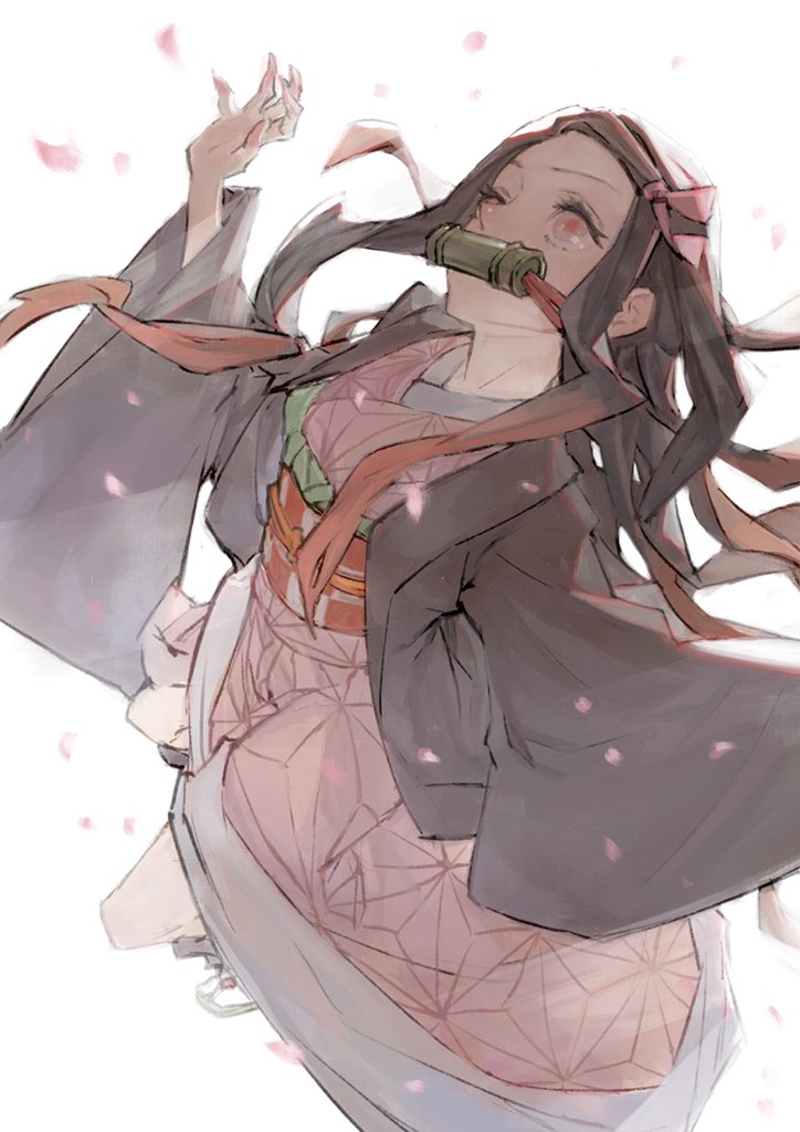 1girl bamboo bit_gag black_hair claws gag hair_ribbon japanese_clothes kamado_nezuko kazama_raita kimetsu_no_yaiba kimono long_hair multicolored_hair pink_eyes pink_kimono ribbon simple_background solo very_long_hair white_background