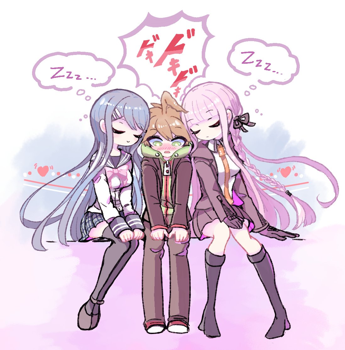 1boy 2girls bangs black_footwear blunt_bangs blush boots bow braid breasts brown_jacket brown_pants closed_eyes collared_shirt commentary_request danganronpa:_trigger_happy_havoc danganronpa_(series) eyebrows_visible_through_hair gloves hair_ornament hair_ribbon hairclip heart jacket kirigiri_kyouko knee_boots long_hair long_sleeves looking_down maizono_sayaka medium_breasts multiple_girls naegi_makoto necktie okarina_(momo02042005) open_clothes open_jacket open_mouth pants pink_background pink_bow pink_neckwear plaid plaid_skirt pleated_skirt purple_gloves ribbon sailor_collar sandwiched shiny shiny_hair shirt side_braid sitting skirt smile thigh-highs thought_bubble translation_request white_background white_shirt zzz