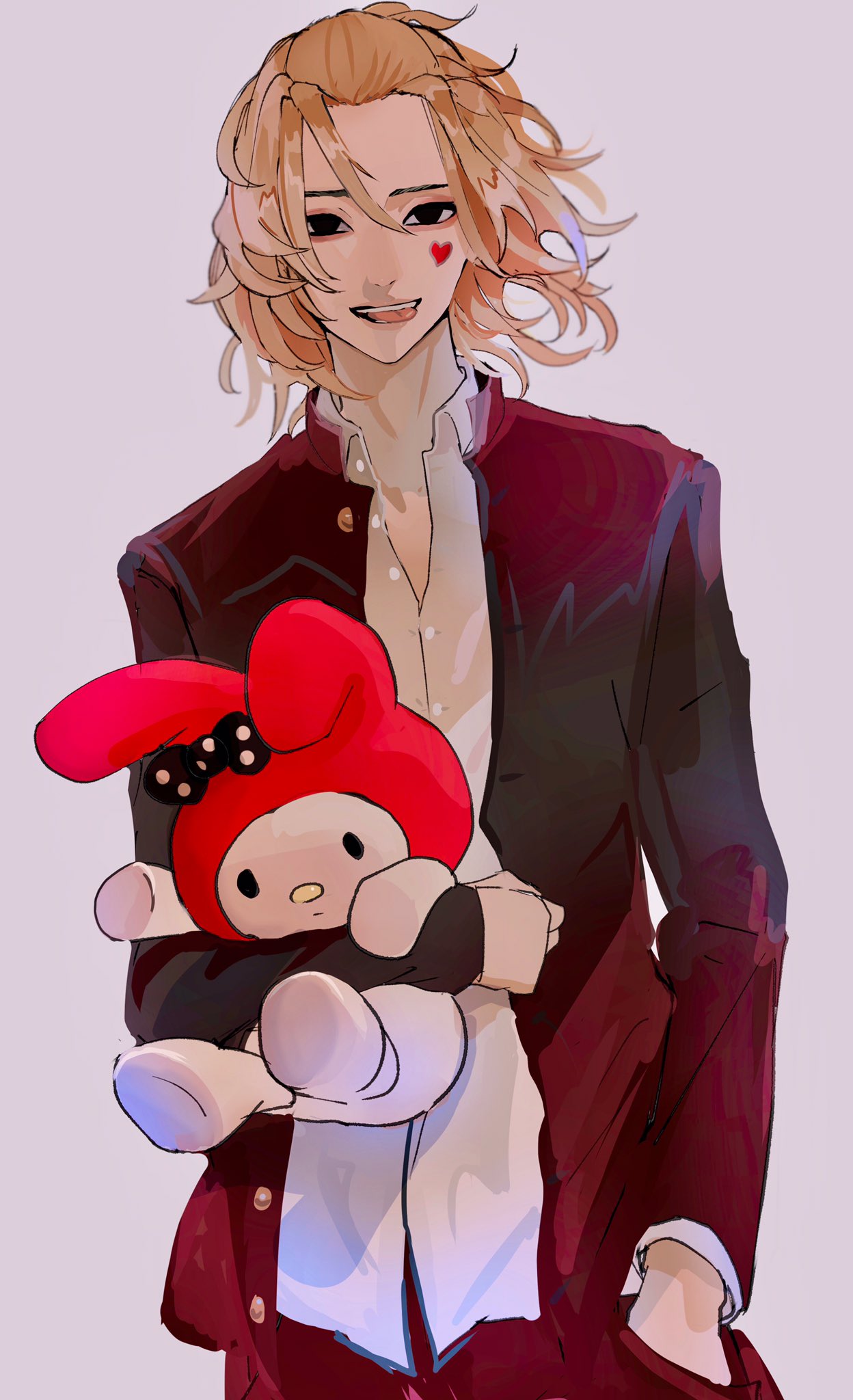 1boy black_eyes black_jacket blonde_hair collared_shirt cowboy_shot empty_eyes gakuran hand_in_pocket heart highres holding jacket long_sleeves looking_at_viewer male_focus medium_hair my_melody ogura_aoi onegai_my_melody open_mouth pants sano_manjirou sanrio school_uniform shirt simple_background smile solo standing stuffed_animal stuffed_toy tokyo_revengers tongue tongue_out white_background white_shirt