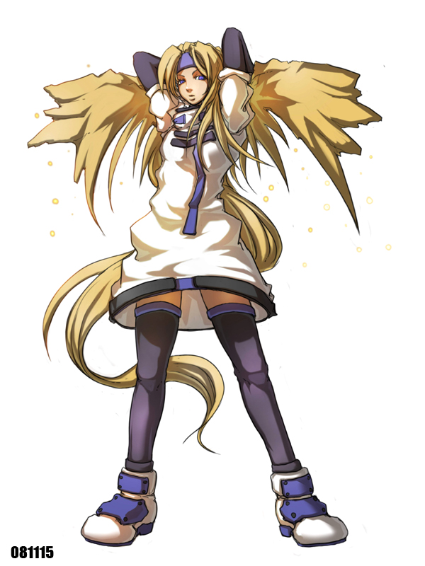 1girl belt_buckle blonde_hair buckle dizzy_(artist) dress guilty_gear guilty_gear_xx long_hair looking_at_viewer millia_rage prehensile_hair short_dress thighs wings