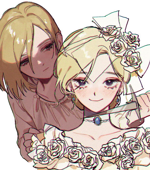 2girls blade_to_throat blonde_hair blush brooch character_request closed_mouth dagger dress flower holding holding_dagger holding_weapon identity_v jewelry knife looking_at_viewer multiple_girls reverse_grip rose sanpaku shirt simple_background smile violet_eyes weapon white_background white_dress white_flower white_rose white_shirt yp_(pypy_5_)