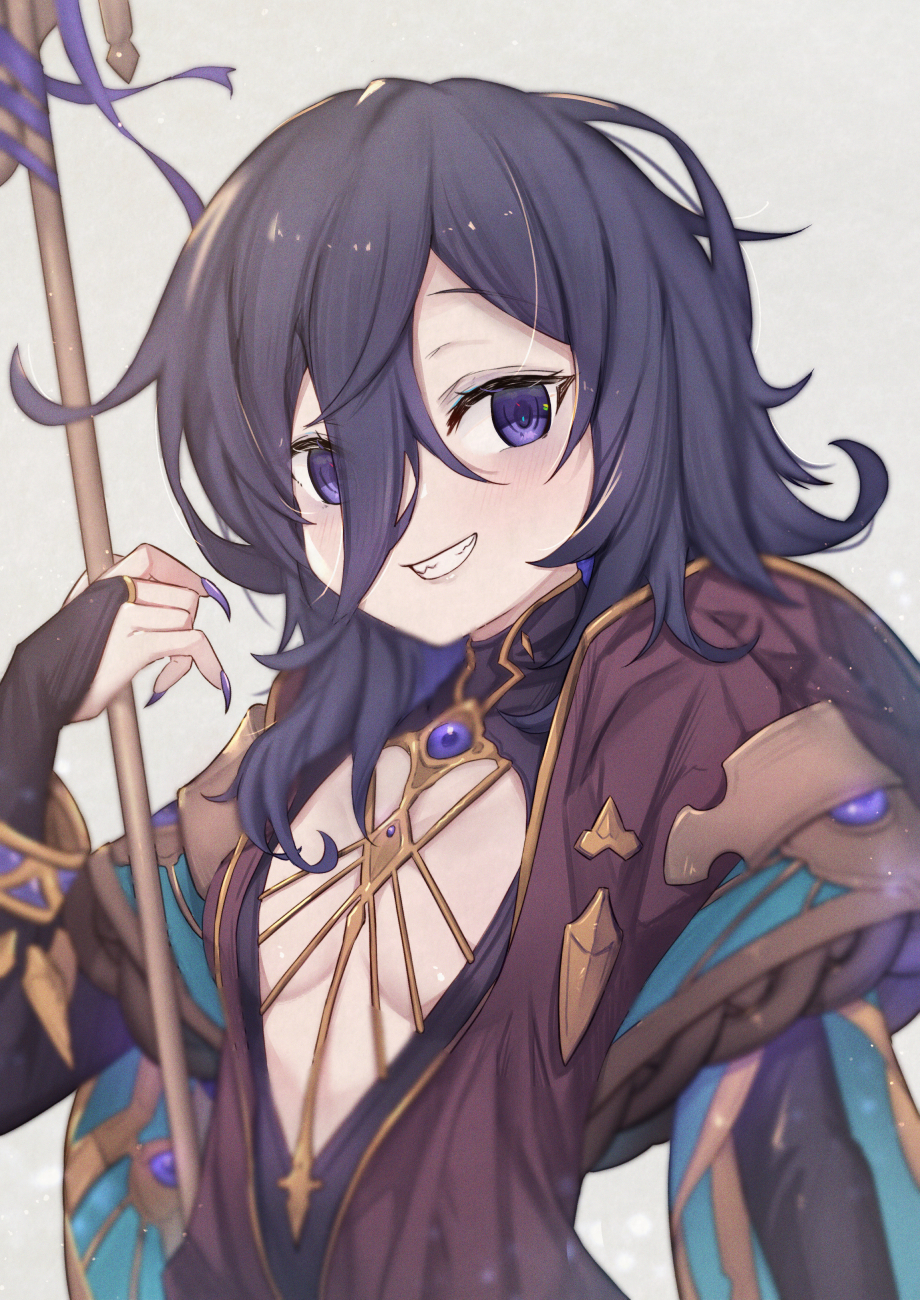 1girl bangs black_hair black_leotard blush breasts bridal_gauntlets brown_dress commentary_request dress eyebrows_visible_through_hair eyes_visible_through_hair fingernails granblue_fantasy grey_background grin hair_between_eyes hand_up highres holding leotard lich_(granblue_fantasy) long_fingernails long_hair nail_polish purple_nails shark_fin sharp_teeth simple_background small_breasts smile solo teeth uneg upper_body violet_eyes