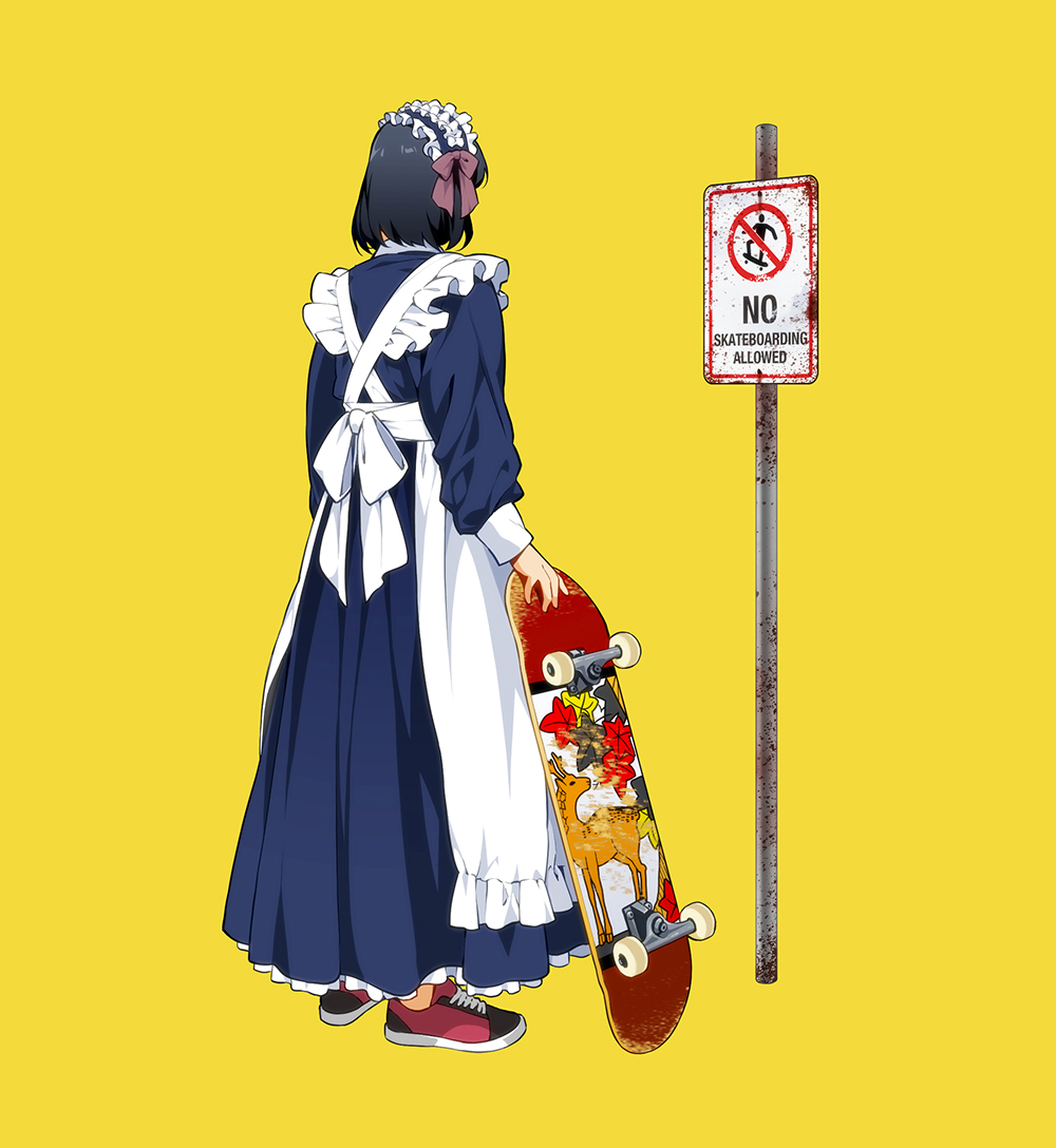 1girl apron black_dress black_hair bow dress frilled_apron frills from_behind holding_skateboard long_sleeves maid_apron maid_headdress medium_hair original purple_bow red_footwear shoes sign simple_background sneakers solo standing suzushiro_(suzushiro333) white_apron wide_shot yellow_background