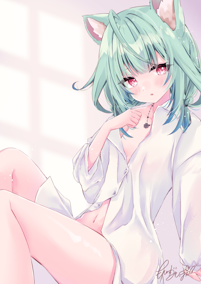 1girl :o ahoge animal_ear_fluff animal_ears blue_hair blush cat_ears clenched_hand collared_shirt dress_shirt flower flower_necklace gradient_hair green_hair hololive jewelry long_sleeves looking_at_viewer low_twintails medium_hair moizumi_shipon multicolored_hair naked_shirt necklace no_bra no_pants partially_unbuttoned red_eyes shirt short_twintails signature sitting sleeves_rolled_up solo twintails uruha_rushia virtual_youtuber white_shirt