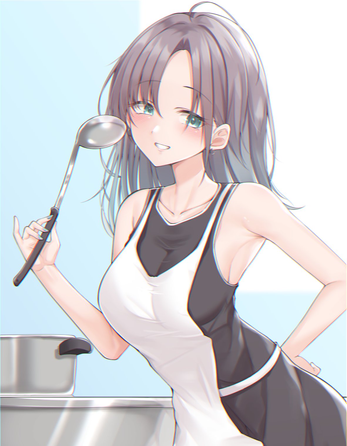 1girl :d ahoge alternate_hair_length alternate_hairstyle apron armpits asakura_tooru bangs bare_shoulders black_dress blush breasts collarbone cooking dress earrings grin hand_on_own_ass highres holding holding_ladle idolmaster idolmaster_shiny_colors jewelry ladle long_hair looking_away medium_breasts nail_polish null_ccino older open_mouth parted_bangs simple_background sleeveless sleeveless_dress smile solo white_apron