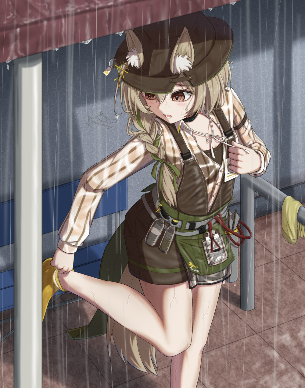 animal_ear_fluff animal_ears arknights arrow_(projectile) artist_name bare_legs beanstalk_(arknights) belt bench black_bra black_headwear blush bottle bra braid brown_eyes collar collarbone commentary_request day ears_through_headwear fang gloves gloves_removed green_ribbon hair_over_shoulder hair_ribbon highres id_card infection_monitor_(arknights) leg_up long_hair long_sleeves looking_down no_shoes open_mouth outdoors overalls quiver rain ribbon see-through see-through_sleeves shironekoban shirt single_braid socks standing standing_on_one_leg striped striped_shirt tile_floor tiles underwear undressing vertical-striped_shirt vertical_stripes wet wet_clothes wet_shirt white_shirt yellow_gloves yellow_legwear