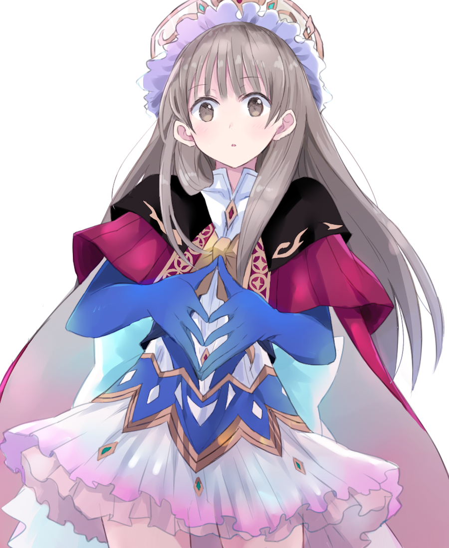 1girl atelier_(series) atelier_totori bangs blue_gloves brown_eyes brown_hair capelet collared_shirt commentary cosplay dress elbow_gloves formal frills gloves hands_together headdress looking_at_viewer maromi_(am97) mimi_houllier_von_schwarzlang mimi_houllier_von_schwarzlang_(cosplay) shirt simple_background solo totooria_helmold white_background