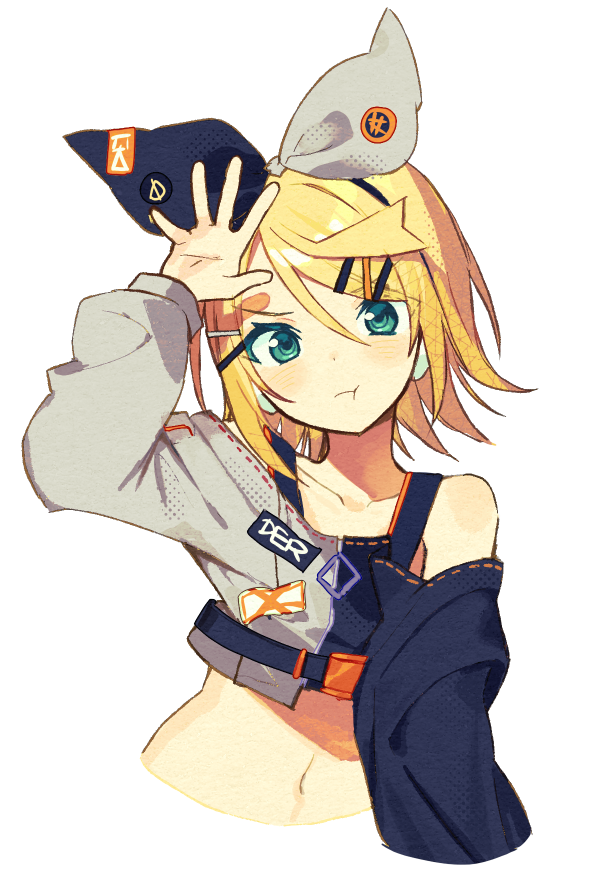 1girl 300_water_c arm_up bare_shoulders blonde_hair bow collarbone cowboy_shot green_eyes hair_bow hair_ornament hairclip hand_up kagamine_rin long_sleeves looking_at_viewer navel off_shoulder pout short_hair simple solo upper_body vocaloid white_background x_hair_ornament