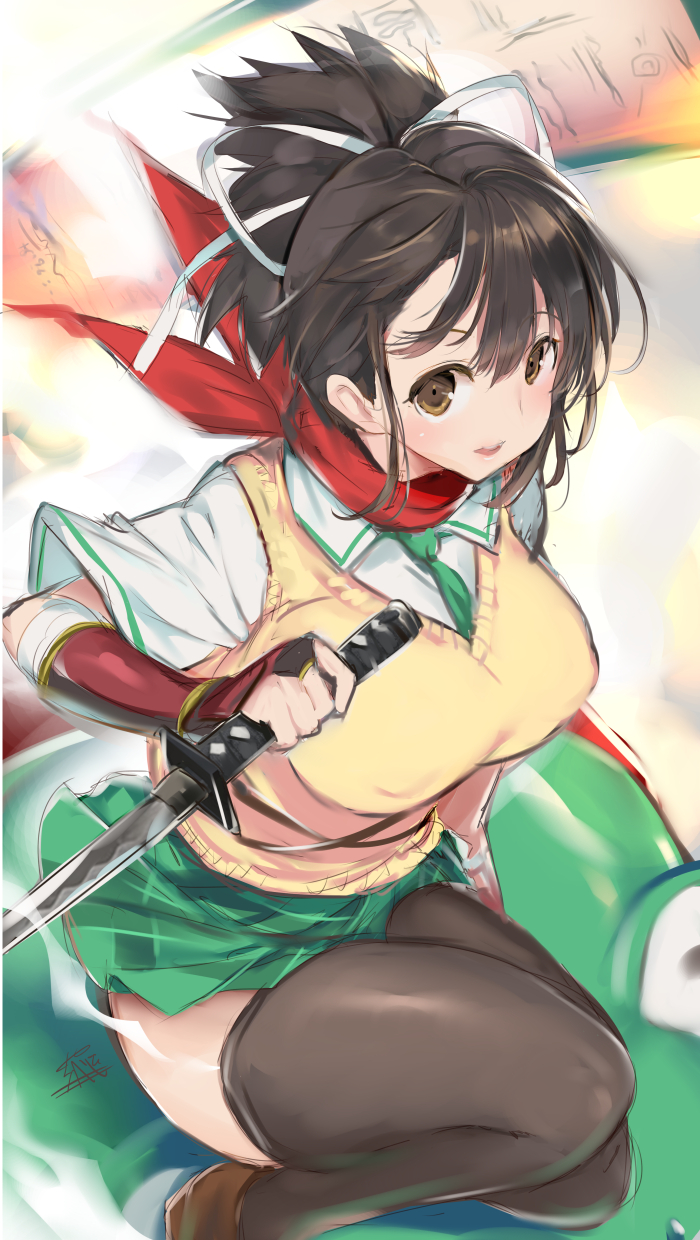 1girl asuka_(senran_kagura) bangs black_hair black_legwear breasts brown_eyes green_neckwear green_skirt hair_ribbon highres holding holding_weapon large_breasts looking_at_viewer necktie parted_lips plaid plaid_skirt red_scarf ribbon scarf scroll senran_kagura shirt short_sleeves skirt solo sweater_vest thigh-highs vest weapon white_ribbon white_shirt yaegashi_nan yellow_vest