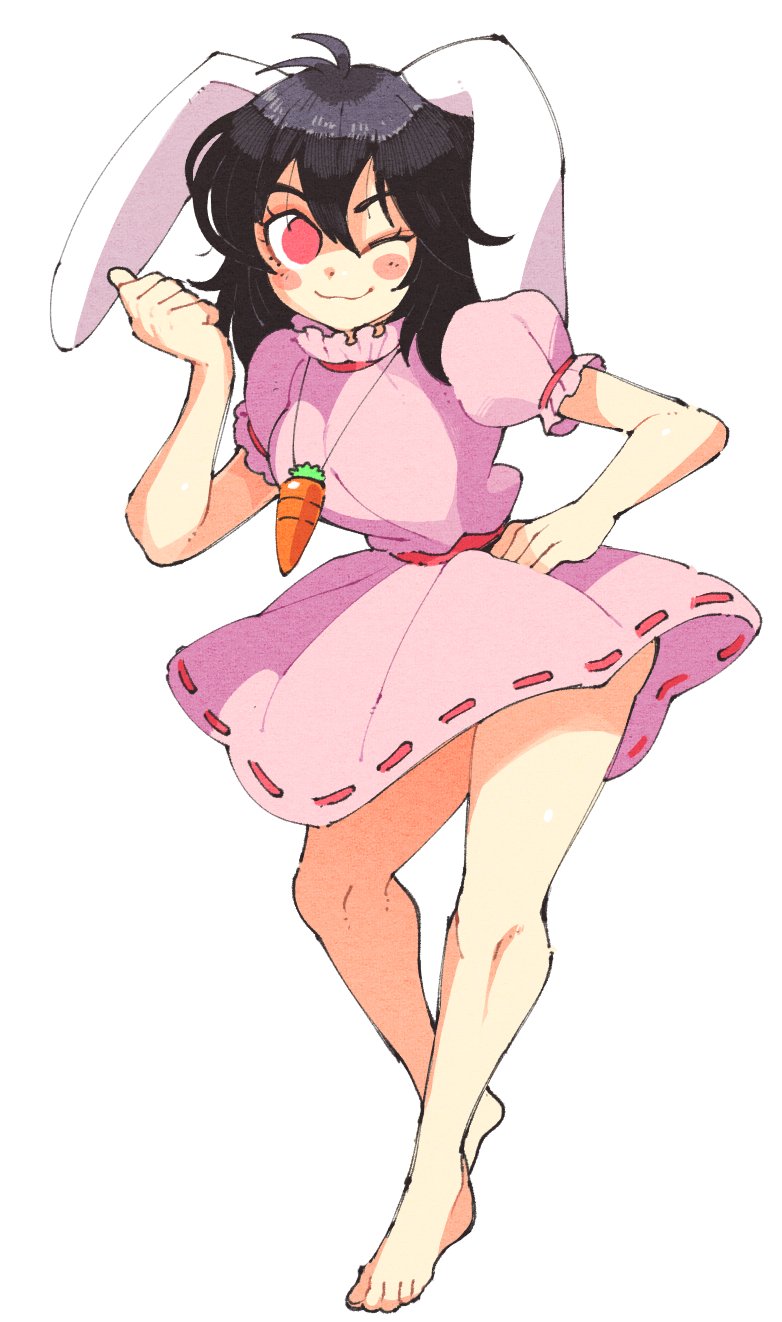 1girl animal_ears bare_legs barefoot black_hair blush_stickers carrot carrot_necklace dress floppy_ears frilled_dress frilled_sleeves frills hand_on_hip highres inaba_tewi inkerton-kun jewelry looking_at_viewer one_eye_closed pendant pink_dress puffy_short_sleeves puffy_sleeves rabbit rabbit_ears rabbit_girl rabbit_tail red_eyes ribbon-trimmed_dress short_hair short_sleeves solo tail touhou wavy_hair white_background