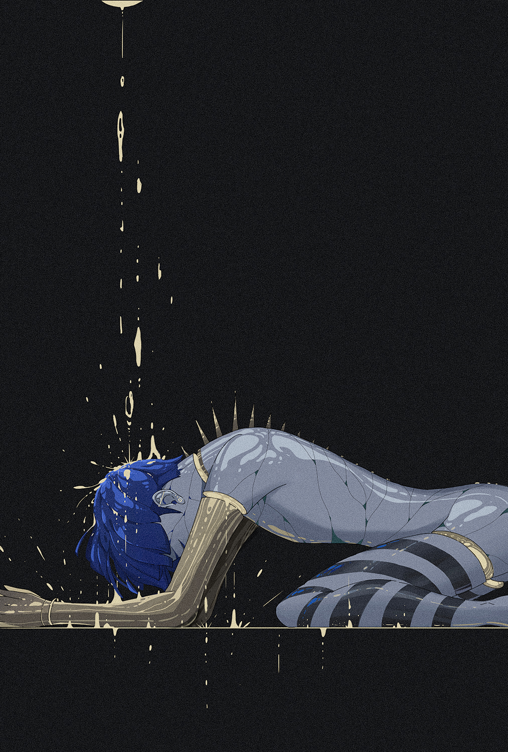 1other all_fours amputee black_background blue_hair closed_eyes commentary_request cracked_skin from_side gold golden_arms highres houseki_no_kuni ko_ryou molten_metal phosphophyllite phosphophyllite_(ll) quadruple_amputee short_hair simple_background solo