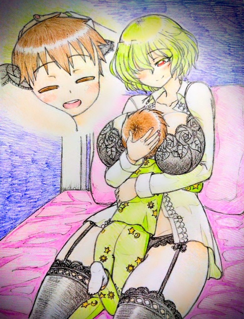 1boy 1girl age_difference artist_request black_bra boy_on_top bra breast_smother breasts colored_pencil_(medium) commentary eyebrows_visible_through_hair face_to_breasts garter_belt garter_straps green_hair green_pajamas kazami_yuuka large_breasts on_bed size_difference touhou traditional_media underwear