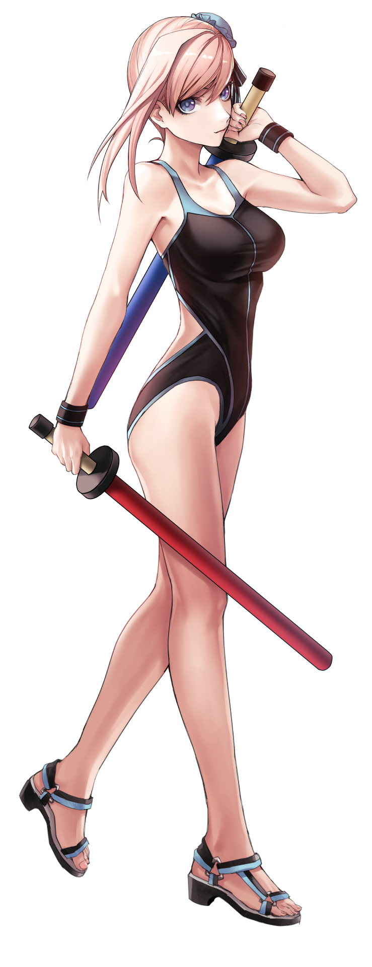 1girl applekun asymmetrical_bangs bangs black_swimsuit blonde_hair blue_eyes breasts bun_cover closed_mouth collarbone competition_swimsuit fate/grand_order fate_(series) full_body hair_between_eyes highres holding large_breasts long_hair miyamoto_musashi_(fate) miyamoto_musashi_(swimsuit_berserker)_(fate) one-piece_swimsuit shiny shiny_hair solo standing swimsuit wristband