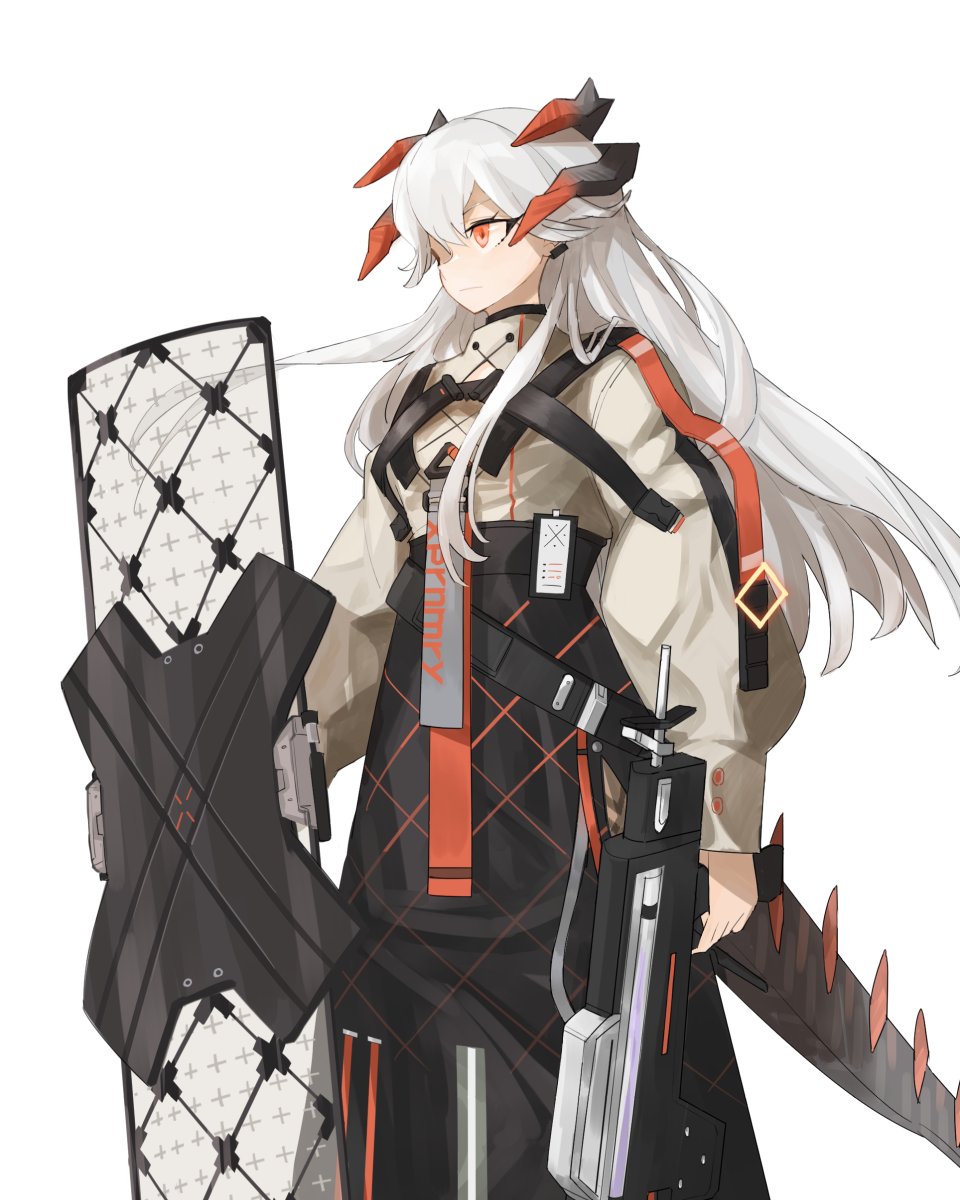 1girl arknights bangs black_skirt chest_strap closed_mouth commentary dragon_horns dragon_tail ear_clip feet_out_of_frame frown grey_shirt high-waist_skirt highres holding holding_shield holding_weapon horns id_card long_hair long_sleeves orange_eyes saria_(arknights) shield shirt silver_hair simple_background skirt solo syringe_gun tail weapon white_background xiangcm3