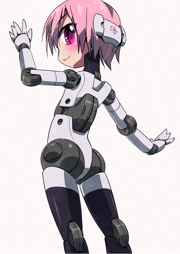 1girl :3 commentary_request eyebrows_visible_through_hair humanoid_robot joints looking_at_viewer looking_back original pink_eyes pink_hair robot_joints short_hair solo tommy_region very_short_hair white_background