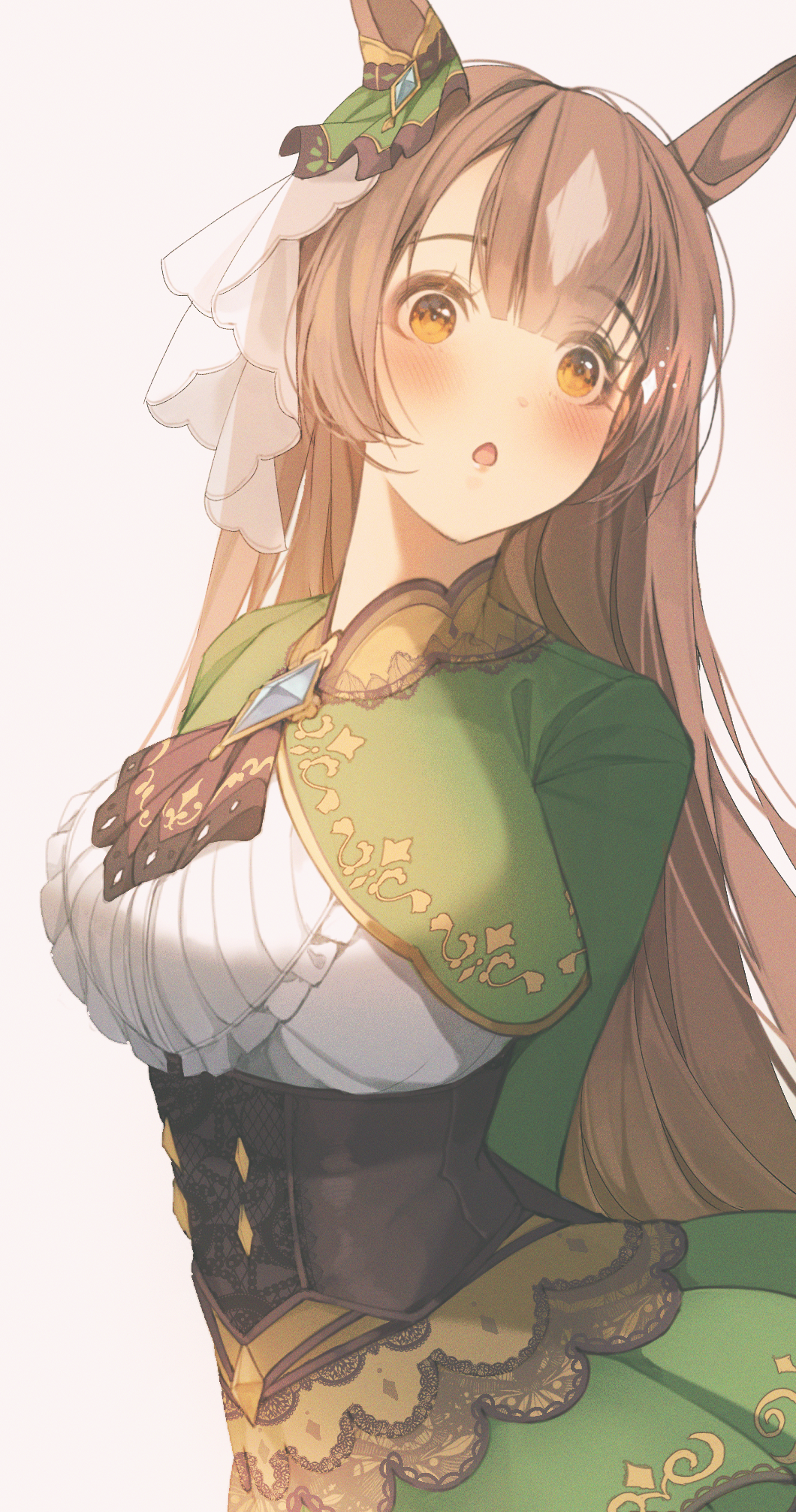 1girl :o animal_ears arms_behind_back blush breasts brown_eyes brown_hair corset dress eyebrows_visible_through_hair from_side green_dress grey_background hair_between_eyes highres horse_ears horse_girl immi_immi large_breasts long_hair long_sleeves open_mouth satono_diamond_(umamusume) simple_background solo turning_head umamusume upper_body