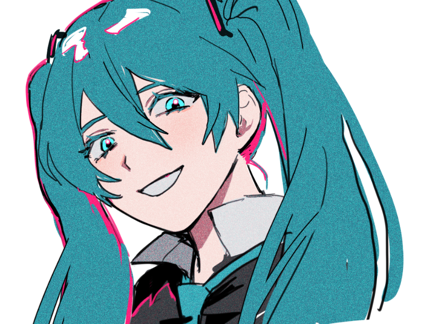 1girl bad_id bad_twitter_id blue_eyes blue_hair hatsune_miku looking_at_viewer portrait sanpaku simple_background smile solo twintails vocaloid white_background yp_(pypy_5_)