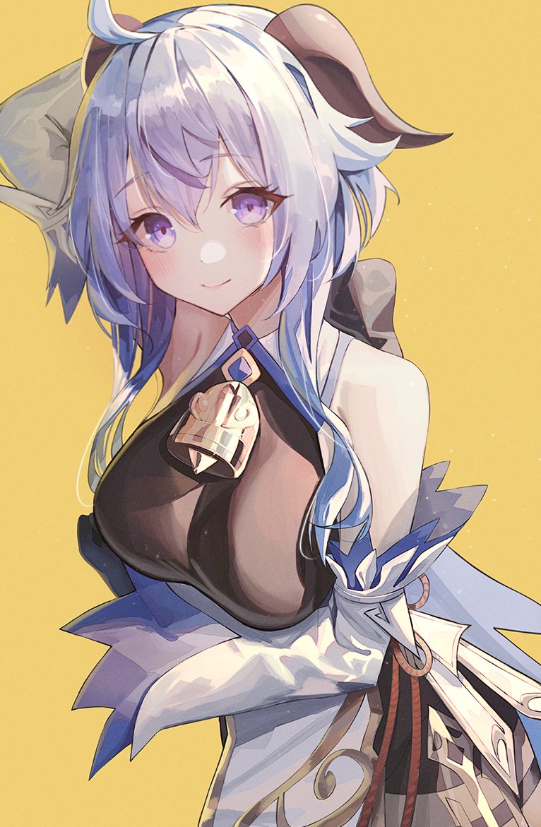 ahoge arm_behind_head arm_under_breasts bangs bare_shoulders bell black_gloves blue_hair blush bow bowtie breasts chinese_knot detached_sleeves eyebrows_visible_through_hair ganyu_(genshin_impact) genshin_impact gloves gold_trim horns looking_at_viewer medium_breasts merryj neck_bell sidelocks smile solo violet_eyes white_sleeves yellow_background