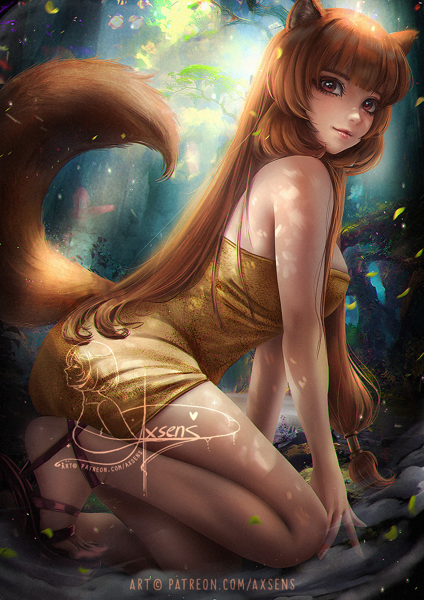 1girl axsen banned_artist breasts brown_eyes brown_hair forest from_side highres kneeling long_hair medium_breasts naked_towel nature outdoors parted_lips raccoon_girl raphtalia signature solo straight_hair tate_no_yuusha_no_nariagari towel very_long_hair watermark yellow_towel