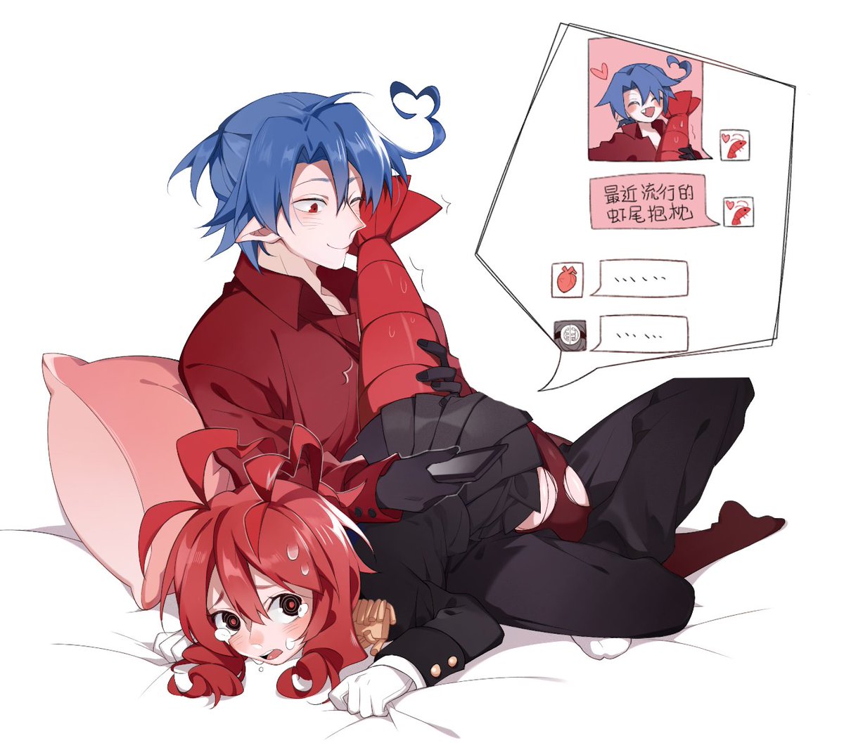 1boy 1girl bed black_gloves black_jacket black_pants black_skirt blue_hair blush buttons chat_log crying crying_with_eyes_open egg-byo funamusea gloves hijoushiki_roc jacket leggings lobco long_sleeves lying lying_on_person monster_girl on_bed one_eye_closed oounabara_to_wadanohara open_mouth pants phone_screen pillow pointy_ears red_eyes red_legwear red_shirt redhead ringed_eyes shirt short_hair shrimp simple_background sitting skirt smile speech_bubble sweatdrop tears white_background white_gloves