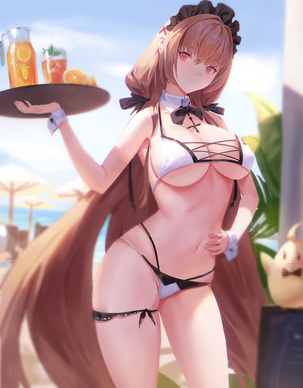 1girl azur_lane beach_umbrella bikini blurry blurry_background bow bowtie breasts brown_hair closed_mouth cup day detached_collar drinking_glass food fruit hair_ribbon hand_on_hip highres holding holding_tray large_breasts long_hair maid_headdress manjuu_(azur_lane) mole mole_under_mouth navel orange_(fruit) orange_slice outdoors pitcher red_eyes ribbon sansan_(dongfangzhong111) skindentation smile solo sunlight swiftsure_(azur_lane) swiftsure_(midsummer_special_service)_(azur_lane) swimsuit thigh_strap tray umbrella very_long_hair wrist_cuffs