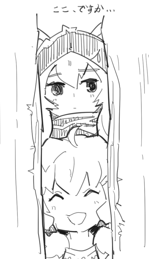 2girls :d ^_^ ahoge arknights blush character_request closed_eyes closed_mouth facing_viewer greyscale hat kroos_(arknights) looking_at_viewer low_twintails monochrome multiple_girls open_mouth parody scarf smile the_shining translation_request twintails youhei_64d