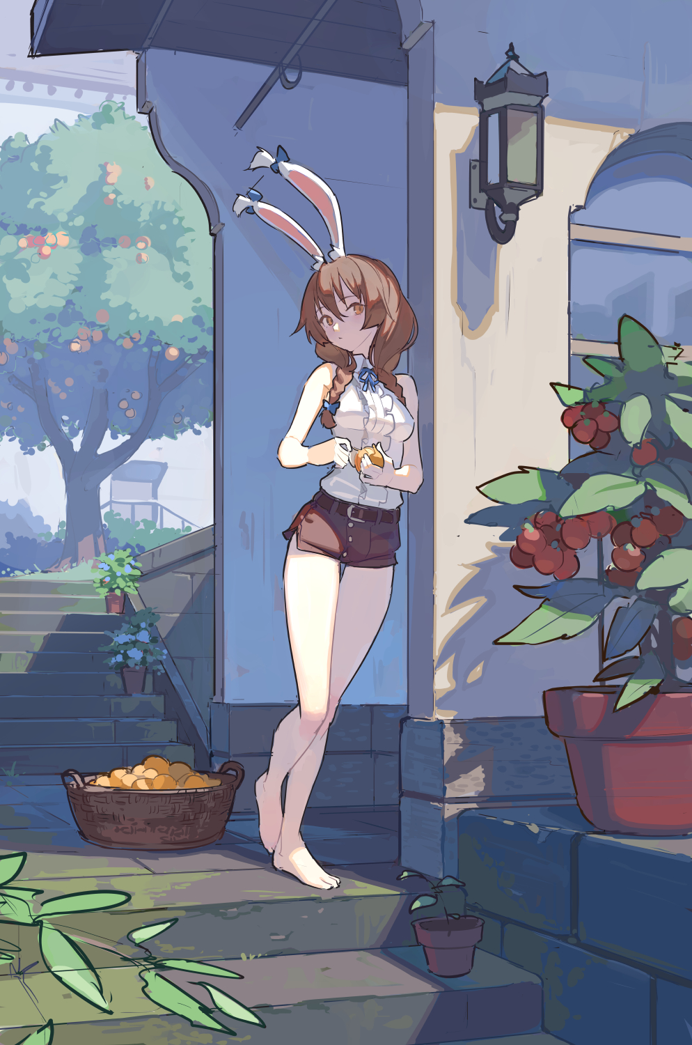 1girl basket belt black_belt black_shorts braid brown_eyes brown_hair building commentary english_commentary food fruit full_body hair_between_eyes highres hks_(timbougami) holding holding_food holding_fruit lantern long_hair looking_at_viewer no_shoes no_socks orange_(fruit) orange_tree original outdoors plant potted_plant shirt shorts sleeveless sleeveless_shirt solo stairs standing tomato tree twin_braids twintails white_shirt